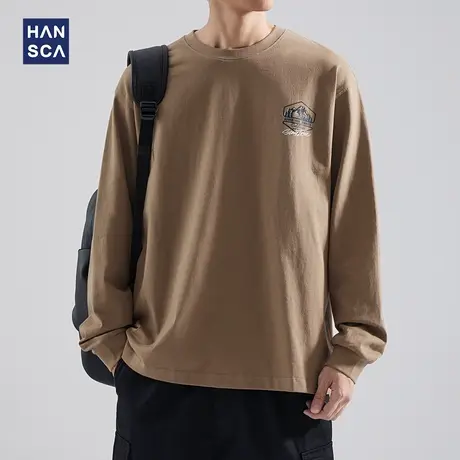 hansca 秋季纯棉重磅长袖t恤男美式潮牌印花圆领宽松大码内搭上衣商品大图