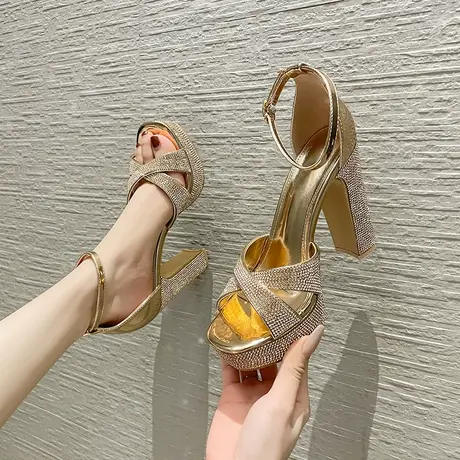 超高跟凉鞋女2024年夏季新款网红一字带百搭粗跟厚底防水台高跟鞋商品大图