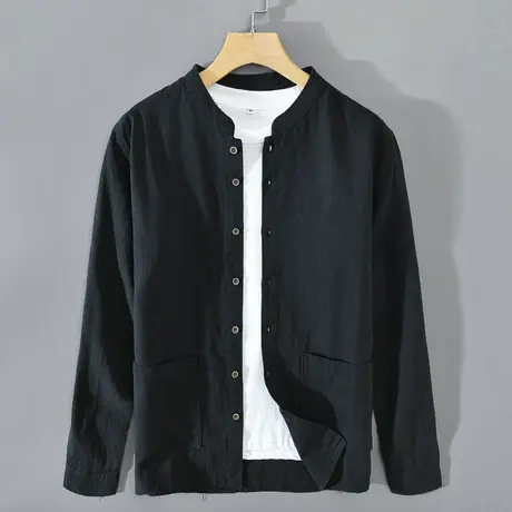 棉麻休闲衬衫男黑色衬衣男士2024年春秋款宽松外套中式外穿中国风商品大图
