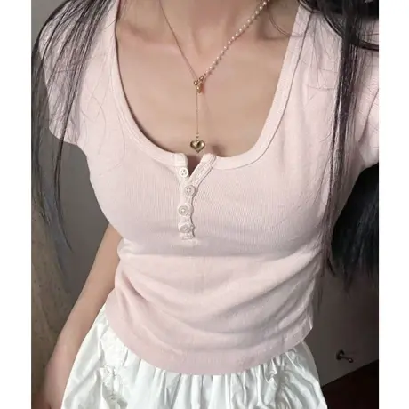 纯欲四粒扣螺纹短袖T恤女夏装bm风纯棉修身显瘦辣妹百搭性感上衣图片