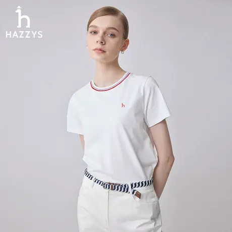 【商场同款】Hazzys哈吉斯24夏季新品时尚撞色圆领短袖白色T恤女图片