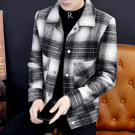 痞帅气秋冬季呢外套韩版潮流休闲格子夹克衫男士百搭翻领英伦上衣图片