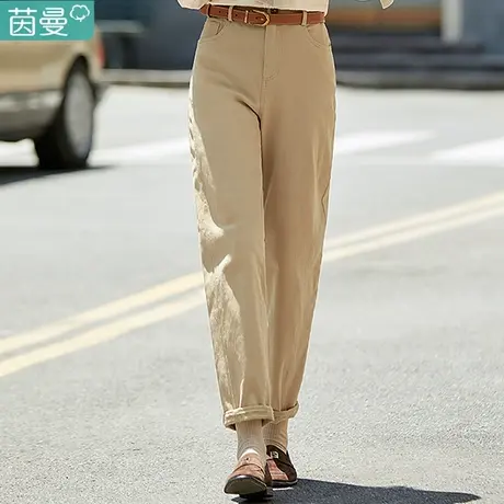 茵曼卡其色裤子纯棉直筒休闲裤春季女装2024新款香蕉烟管裤长裤图片