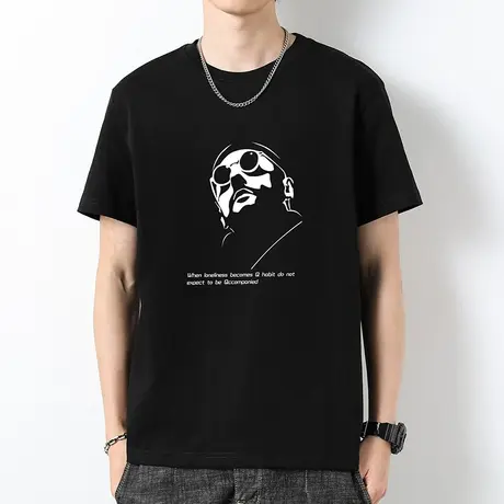 重磅纯棉短袖t恤男潮牌印花黑色上衣服半袖液氨长绒棉圆领打底衫商品大图