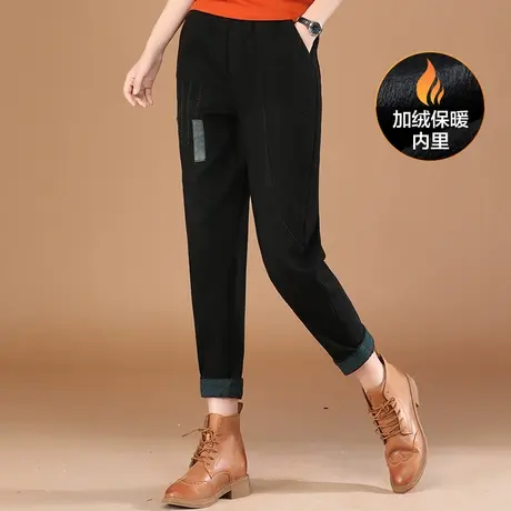 韩潮袭人松紧腰刺绣加绒牛仔裤女2023冬新款百搭显瘦哈伦长裤子厚商品大图