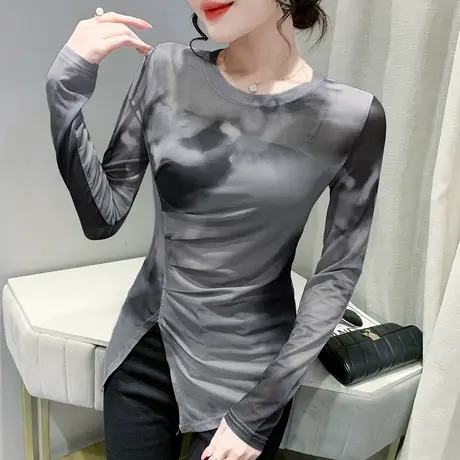 网纱扎染打底衫女春秋2023新款性感不规则T恤长袖开叉收腰上衣潮商品大图