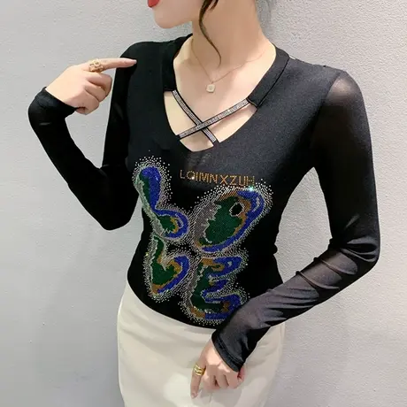 网纱拼接V领T恤女长袖秋季2023新款性感修身打底衫重工烫钻上衣潮商品大图