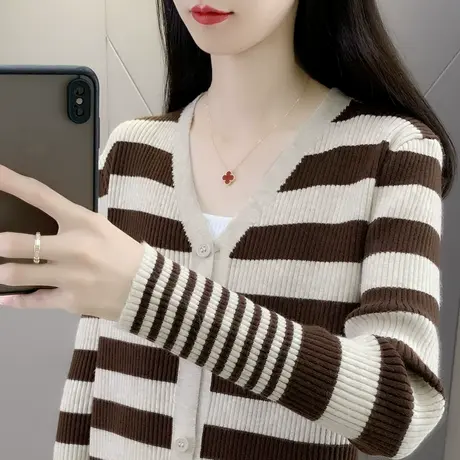 v领条纹针织开衫2023年早秋新款短款设计感薄款外套显瘦宽松上衣商品大图