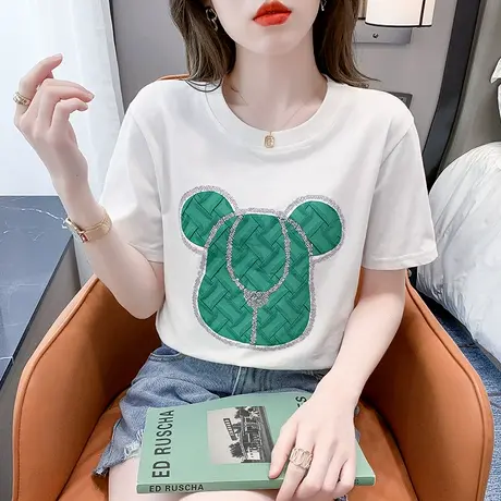 纯棉短袖T恤女夏季2023新款ins潮宽松烫钻重工设计感小众别致上衣图片