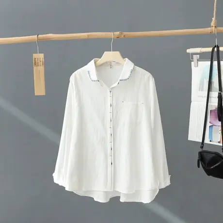 文艺棉质白色衬衫女2023春装新款明线装饰休闲衬衣打底上衣薄开衫图片