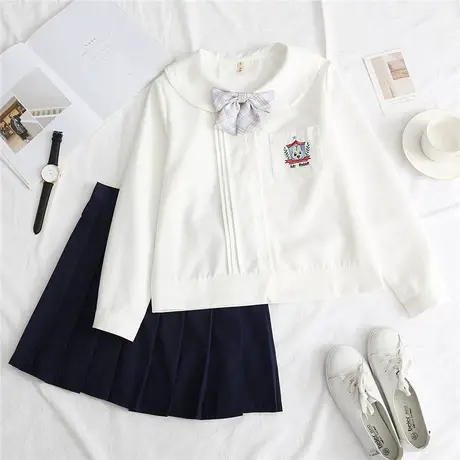 jk衬衫长袖女日系软妹制服可爱卡通兔子刺绣学院风领结打底白衬衣图片