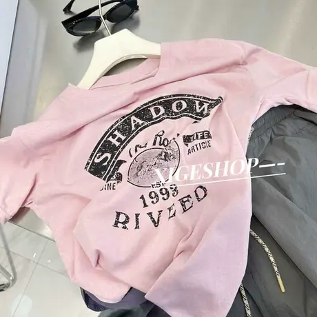 复古做旧印花短袖t恤女韩版宽松百搭休闲减龄粉色字母体恤上衣夏商品大图