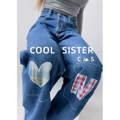 甜辣高腰宽松牛仔裤女春秋美式高街设计感补丁直筒显瘦阔腿裤子潮商品大图