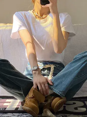 白色正肩t恤女夏季2023年新款纯棉半袖体恤宽松圆领短袖上衣ins潮商品大图