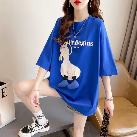 设计感小众短袖t恤女夏季韩版宽松大码女装中长款克莱因蓝上衣服商品大图