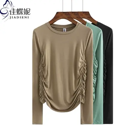 春秋新款圆领纯棉修身抽绳内搭上衣女褶皱打底衫长袖体恤女装T恤商品大图