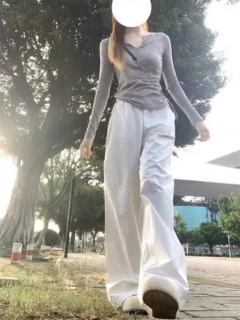 白色工装休闲裤女秋季2023新款美式直筒高腰显瘦小个子拖地阔腿裤图片