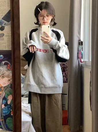 oversize设计感小众圆领卫衣女春秋薄款ins潮牌宽松chic港风上衣商品大图