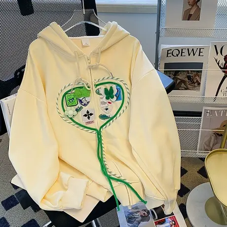 刺绣重工连帽拉链卫衣女春秋薄款设计感小众美式复古宽松开衫外套商品大图