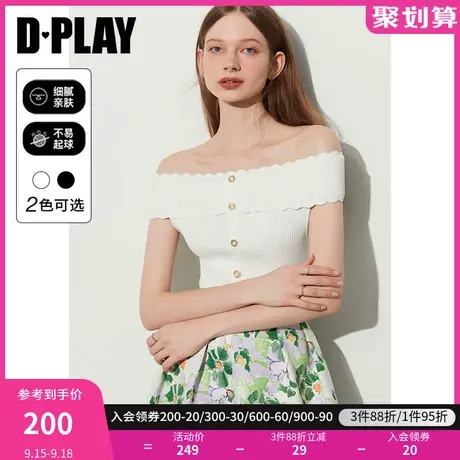 DPLAY2023夏法式赫本风弹力重工勾花花边一字肩露肩针织上衣商品大图