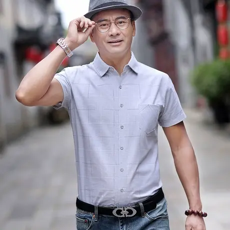 短袖衬衫男士中年格子商务休闲薄款衬衣薄款爸爸装冰丝光棉上衣服图片