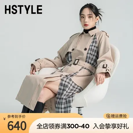 韩都衣舍双排扣风衣外套女秋新款格纹拼接长款大衣PV9789图片