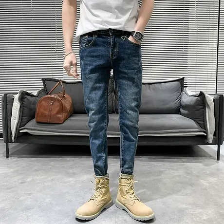 艾堡尼2023怀旧复古修身小脚裤弹力刺绣牛仔裤男潮青年铅笔裤长裤商品大图