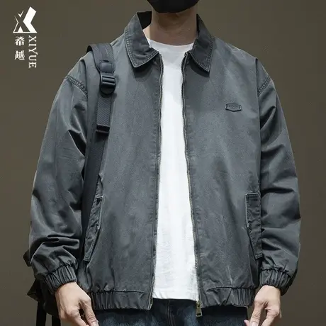 希越美式复古水洗教练夹克男高密双经斜棉布宽松大码男士秋季外套商品大图
