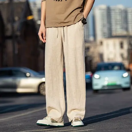 日系复古亚麻裤子男款夏季薄款宽松直筒裤垂感棉麻长裤男士休闲裤商品大图