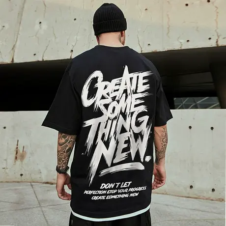 嘻哈oversize国潮短袖胖子男装潮牌潮流加肥加大t恤宽松半袖男潮商品大图