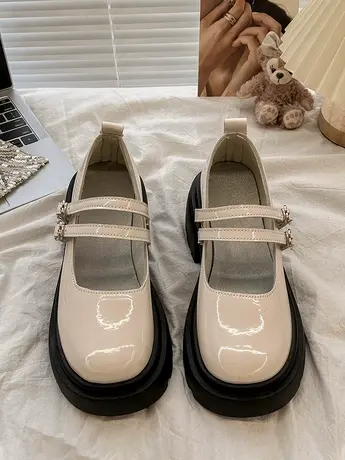 时尚厚底漆皮小皮鞋女2023年夏季新款潮流爱心扣一字式带浅口单鞋商品大图