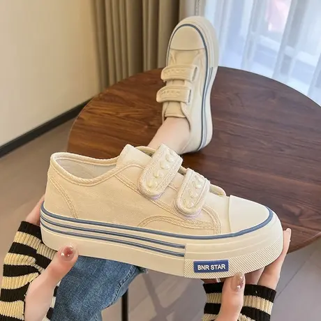 小香风帆布鞋女2023春秋季新款麦穗魔术贴小白鞋厚底老爹运动板鞋商品大图