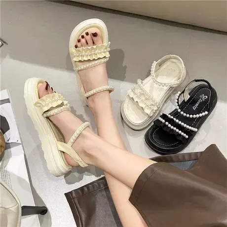 凉鞋女款2023年夏季新款时尚厚底仙女风罗马鞋子珍珠外穿软底时装商品大图