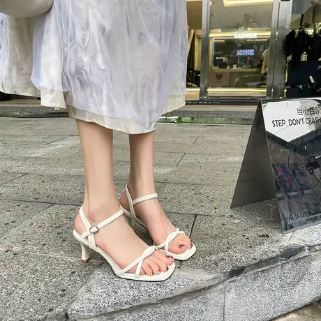 高跟凉鞋鞋女夏季气质外穿2023年新款露趾名媛一字带细跟性感凉鞋商品大图