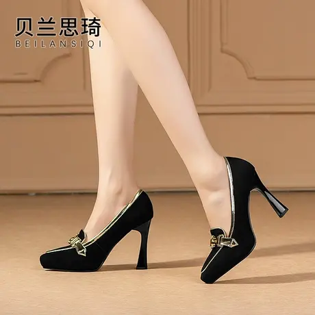 磨砂真皮撞色尖头厚底中口细跟单鞋女2023春秋季新款防水台高跟鞋商品大图