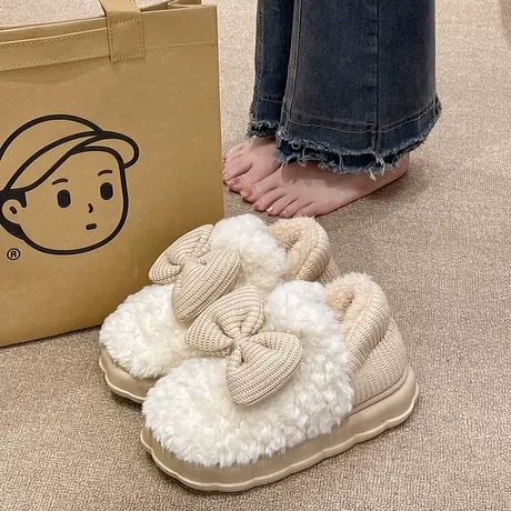 2023年新款棉拖鞋女冬季可爱蝴蝶结室内居家毛绒保暖厚底包跟棉鞋商品大图
