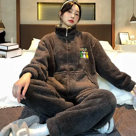 珊瑚绒睡衣女拉链款秋冬季加绒加厚冬天家居服套装冬款法兰绒女士图片