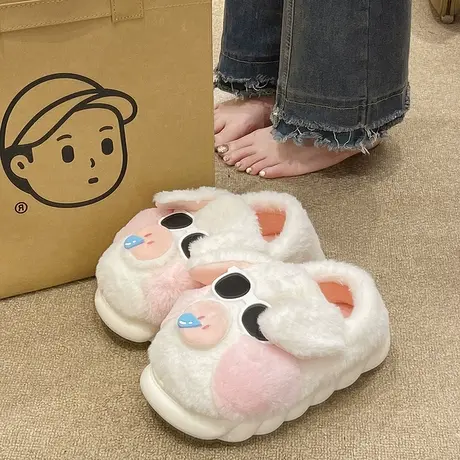 新款棉拖鞋女冬季室内家居卡通可爱小猪毛绒保暖厚底防滑包跟棉鞋商品大图