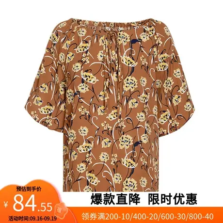 【艾格】2023夏季新款一字肩雪纺衫松紧系带露背高级休闲上衣女商品大图