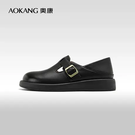 奥康真皮勃肯鞋女鞋春秋新款休闲平底单鞋浅口厚底黑色商务小皮鞋图片