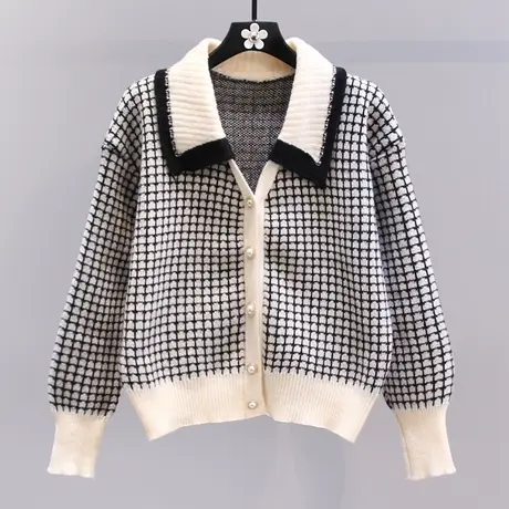 小香风千鸟格娃娃领毛衣外套女秋冬2023新款设计感小个子针织开衫商品大图