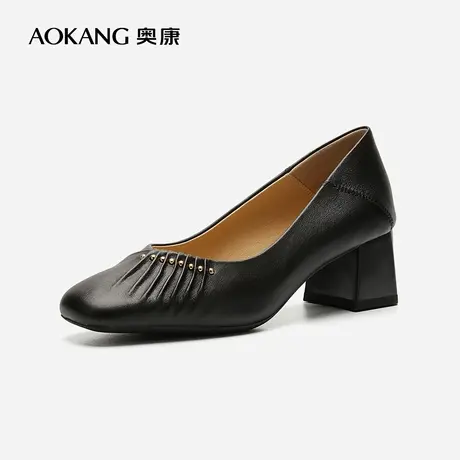 【门店发货】奥康女鞋 2022秋季新款真皮粗跟舒适百搭商务工作鞋图片