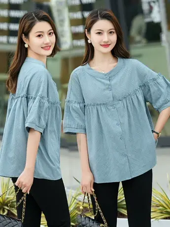 2023夏季新款木耳边衬衣女宽松大码娃娃衫韩版衬衫五分袖遮肚上衣商品大图