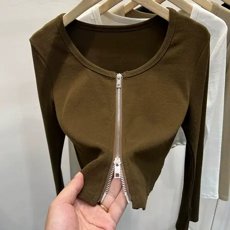 设计感短款高腰双拉链圆领长袖T恤女2023早秋新款洋气小衫上衣潮商品大图