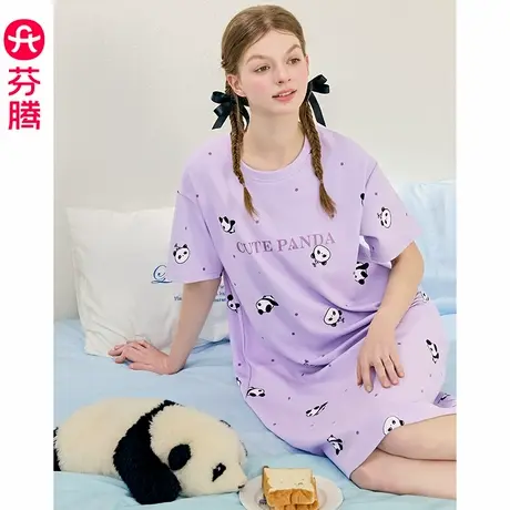 芬腾纯棉睡裙女夏季薄款短袖睡衣裙可爱熊猫少女夏天家居服连衣裙图片