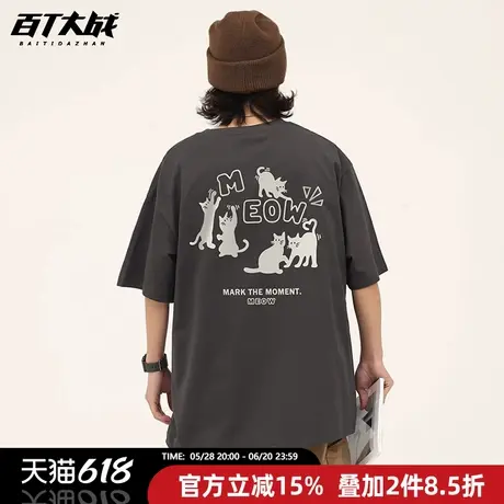 夏季日系复古短袖t恤男女同款无性别新款猫咪印花情侣装百搭上衣商品大图