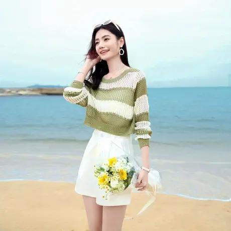 时尚气质针织衫2024年夏季新款女条纹百搭休闲套头镂空罩衫上衣图片