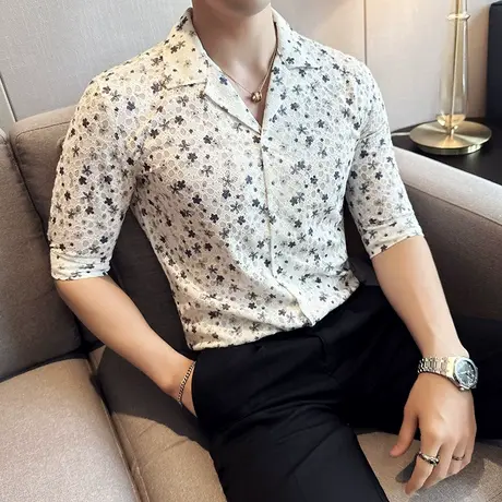 冰丝衬衫男短袖夏季薄款古巴领五分中袖提花衬衣蕾丝镂空透气上衣商品大图