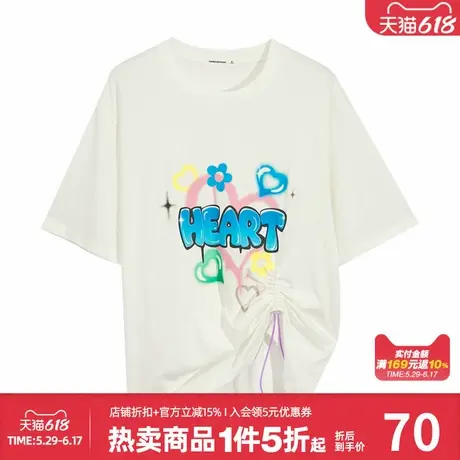 美特斯邦威女款夏季短袖T恤宽松抽绳设计潮流时尚多巴胺印花上衣商品大图