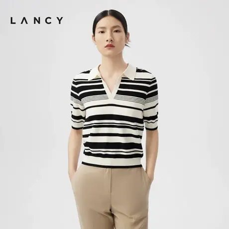 LANCY/朗姿2024春季新款短袖条纹修身POLO衫女短款套头针织开衫图片